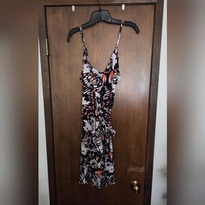 Veronica M Black and White Butterfly-Print Mini Dress with Orange Accents.